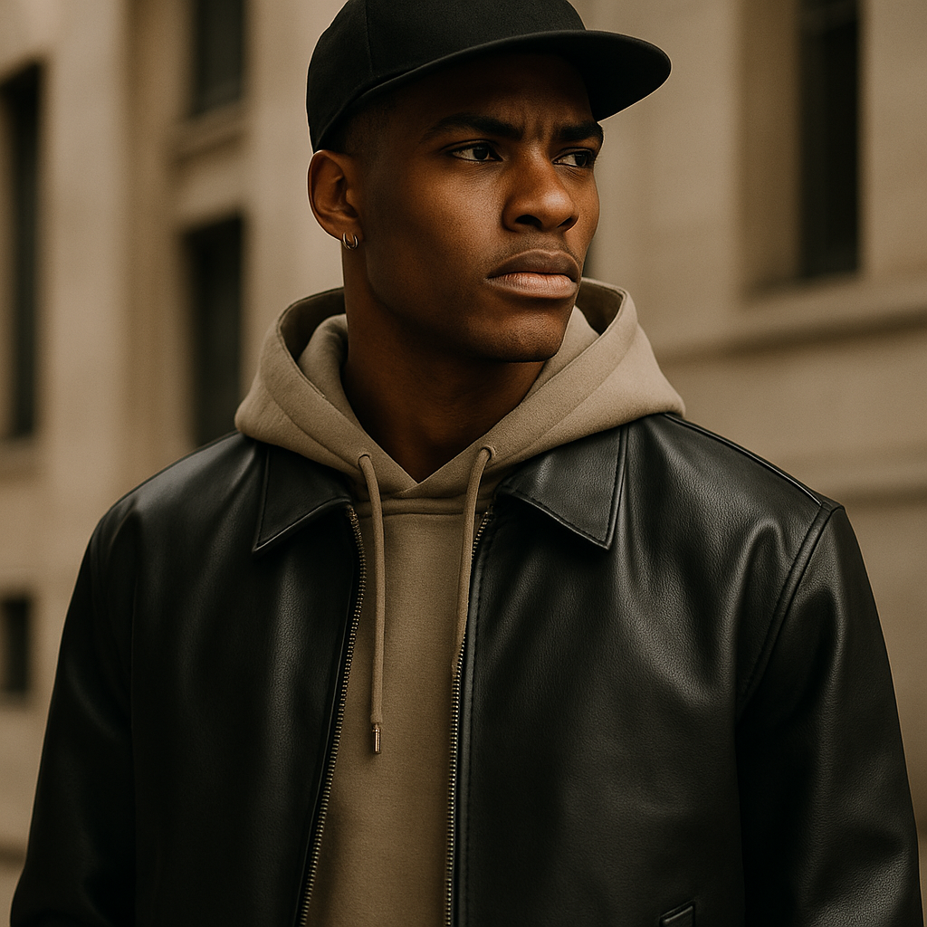 Man wearing a black leather jacket and cap with a blurred background